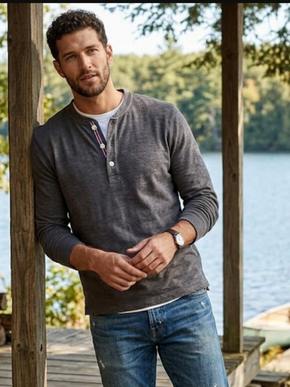 Billy Reid Slub Cotton Tuck Henley Blue Size Large
